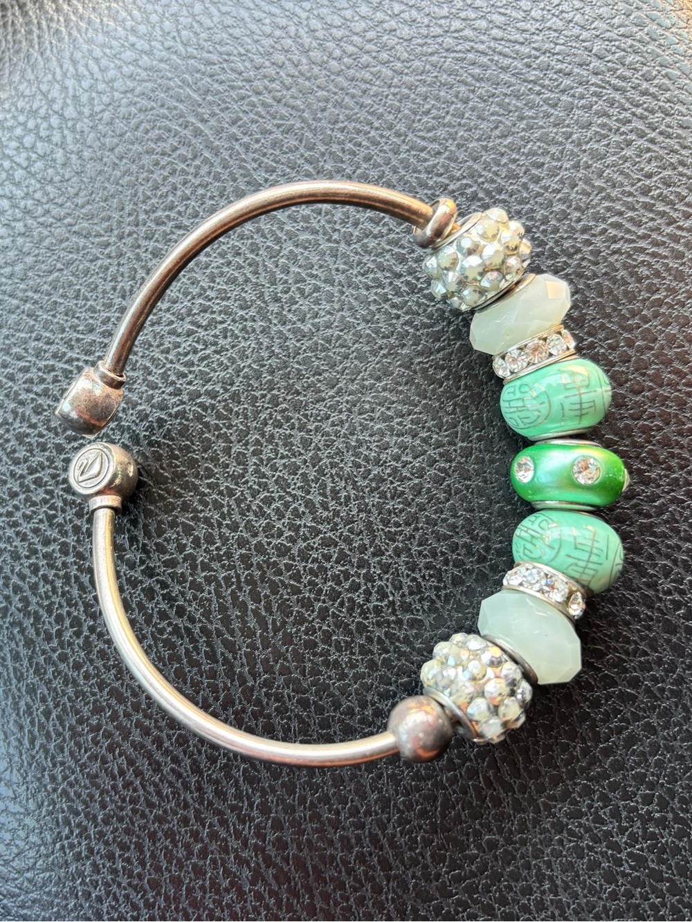 Authentic Chamilia Sterling Silver Bangle Bracelet w/ Green Charms 925